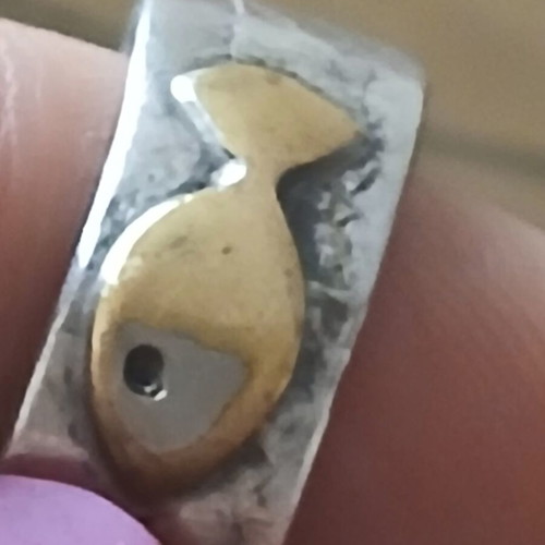 Handmade 925 silver ring with gold fish and heart, 17.5 mm