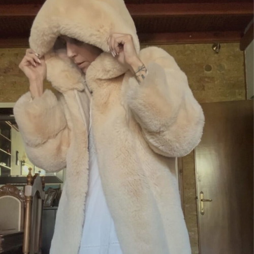 Ecological fur beige with hood and pockets like new