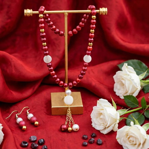 Red Tassel Boho Long Necklace and Earrings Set new