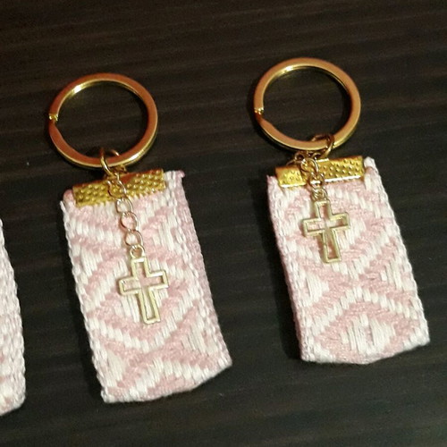 20 Martyrika keychains, from Pink - White ribbon with design and gold Cross, Handmade, for baptism