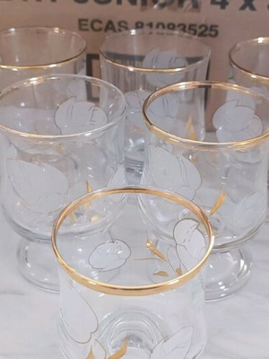 Vintage glass glasses with gold and white flower decorations, set of 6