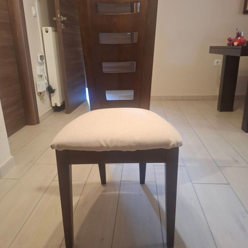 Set of 6 wooden dining chairs, dark wood with light fabric