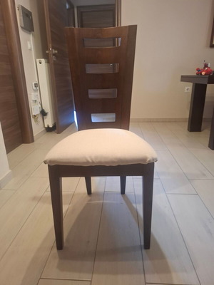 Set of 6 wooden dining chairs, dark wood with light fabric