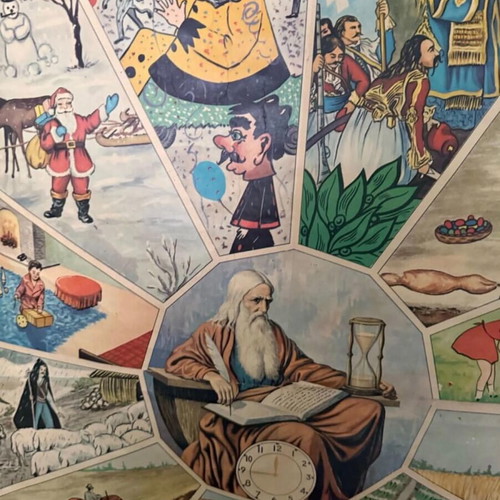 Collectible school wall chart The Time and Its 12 Children used, 1960s