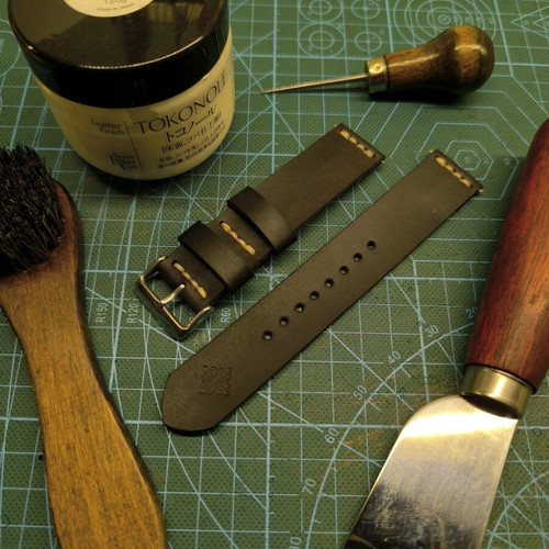 Handmade leather watch strap sewn by hand