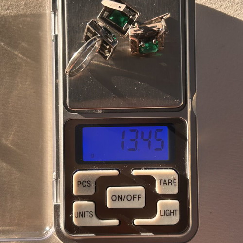 Vintage 925 Silver Ring and Earrings Set with Green Emerald Stones