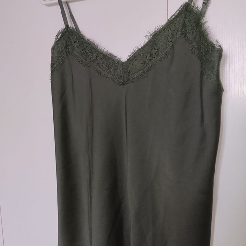 Khaki oil satin camisole used, small medium with lace