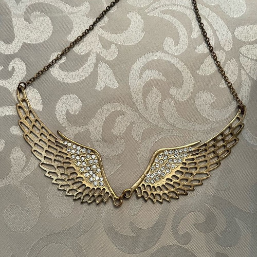 Necklace with feathers used, gold tone with rhinestones