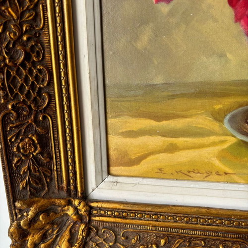 Oil painting on canvas used, colorful blooming roses