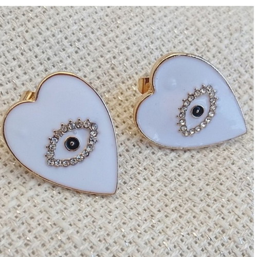 Heart stud earrings white with eye new