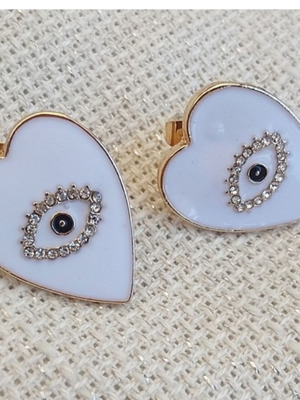 Heart stud earrings white with eye new