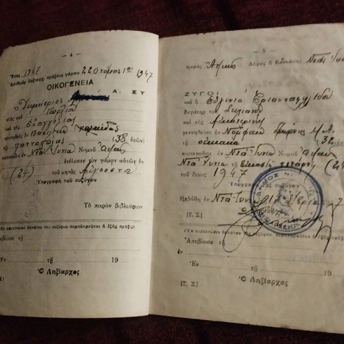 Family Booklet used from Municipality of Nea Ionia 1947