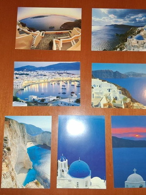 Postcards new, pack of 7 with Santorini, Mykonos, Zakynthos