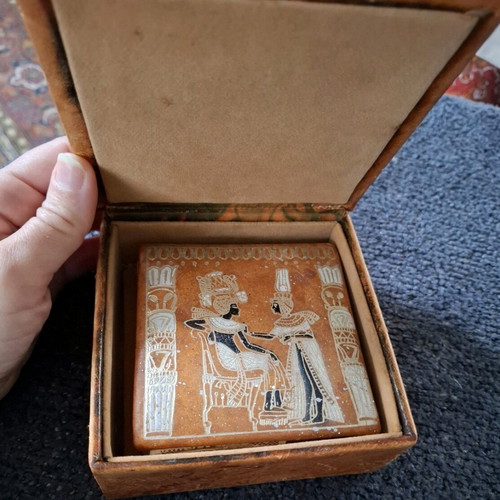 Egyptian leather boxes used, set of two with hand-painted designs