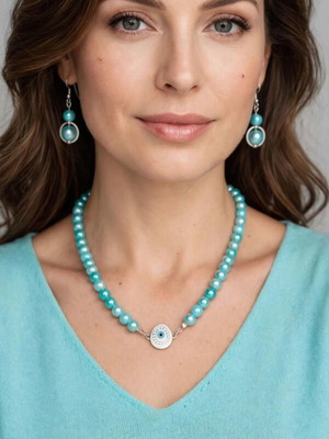 Handmade turquoise acrylic beaded necklace and earrings set new