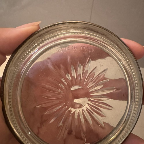 Glass coasters with silver plate border, set of 6, like new