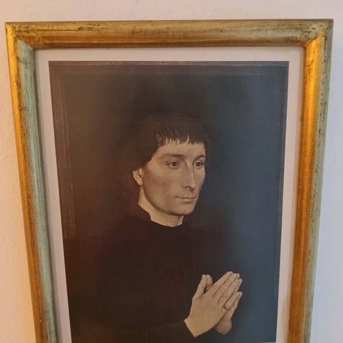 Framed painting Catholic monk praying with wooden frame and gold leaf like new