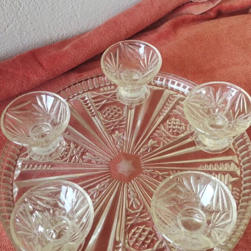 Vintage liqueur set with carafe, five glasses and tray, like new