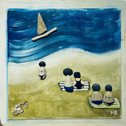 Paralia painting new with wood and pebbles 3D relief