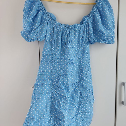 Zara polka dot blue dress with puff sleeves small like new