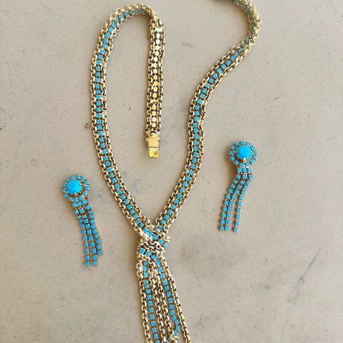 Jewelry set with necklace and earrings from Rhodes in gold and turquoise colors