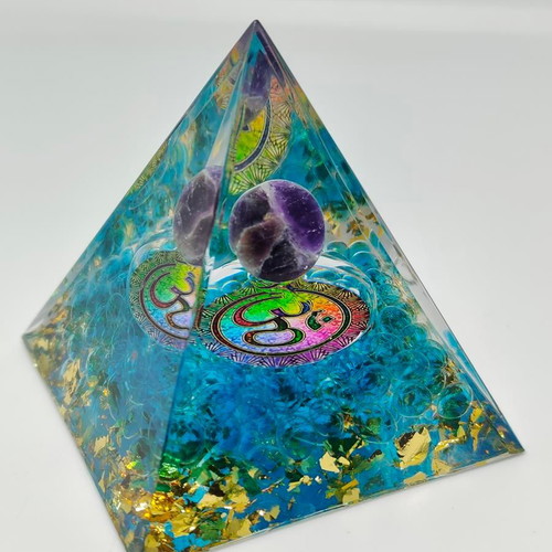Orgonite pyramid with amethyst and Om symbol like new