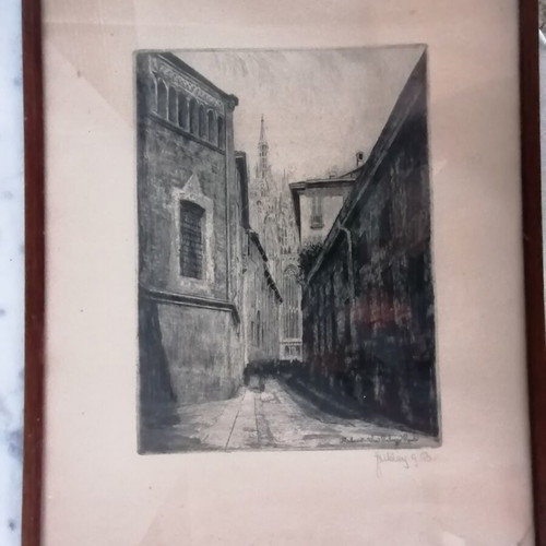 Milano woodcut signed artwork used, framed 22x30cm