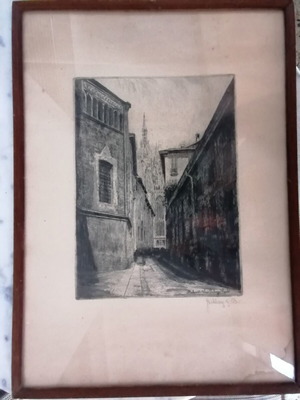 Milano woodcut signed artwork used, framed 22x30cm