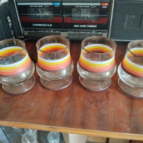 Set of 4 retro authentic glass brandy glasses with colored stripes