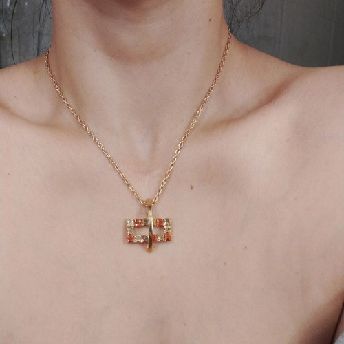 Pendant necklace gold-tone with geometric rectangular and multicolor stones like new
