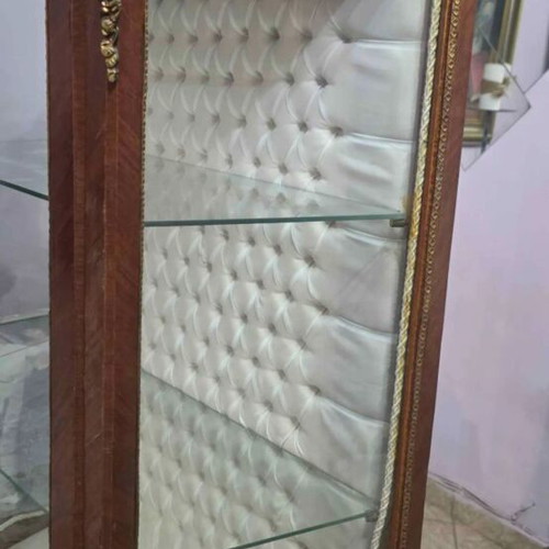 Showcase with quilted fabric and two drawers used, vintage design