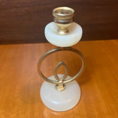 Vintage Alabaster Candlestick with Brass Ankh Symbol like new