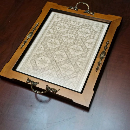 Serving tray new with Lefkadian handmade embroidery and wooden frame