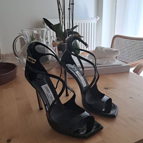 Jimmy Choo Azia 110 black patent leather sandals, size 38
