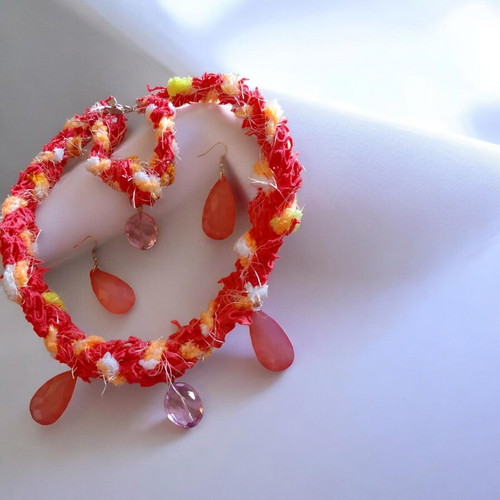Handmade bracelet with soft orange ribbon and grey beads