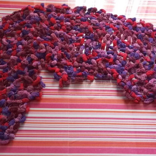 Handmade knitted scarf new with tassels in red and purple tones