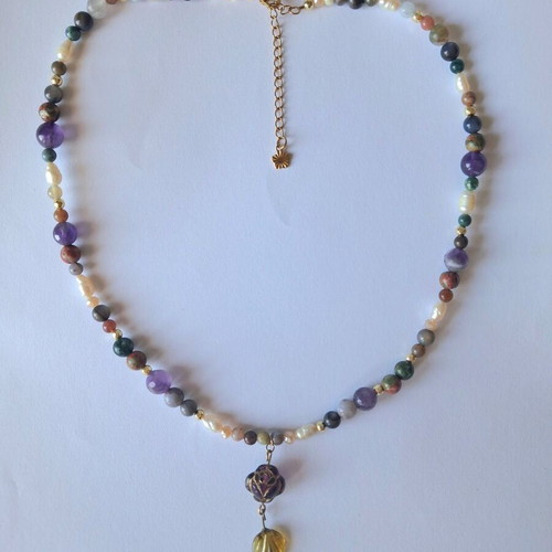 Dance of Nymphs handmade necklace with amethyst, aquamarine and agate steel new, multicolor