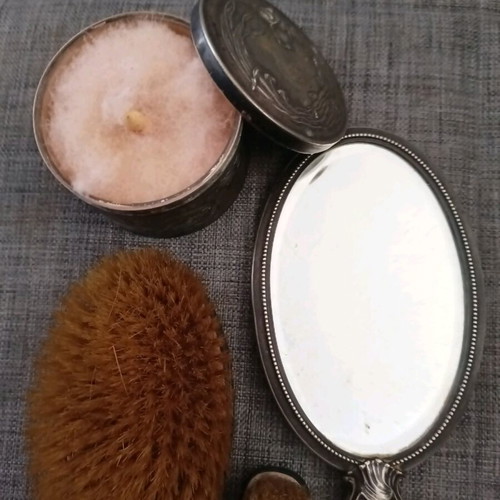 Vintage silver-plated set mirror, brushes and powder box like new