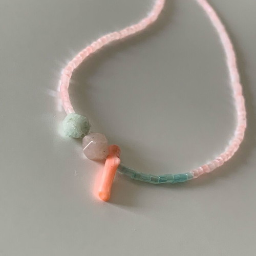 Handmade necklace with amazonite, coral, glass beads and stainless steel closure new, pink and turquoise