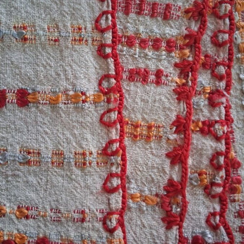 Traditional handwoven table runner used, red orange beige 53x68 cm