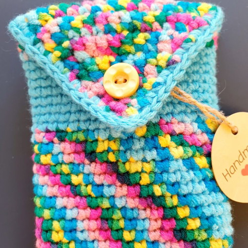 Boho turquoise glasses case with multicolored stripes, handmade