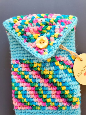 Boho turquoise glasses case with multicolored stripes, handmade