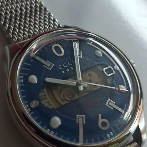 Slava men's automatic watch new, blue dial, stainless steel