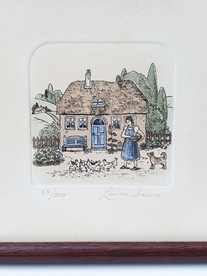 Laura Braun hand-coloured etching 64/500, vintage framed collectible