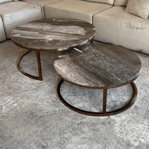 Marble coffee table set with rose gold steel base