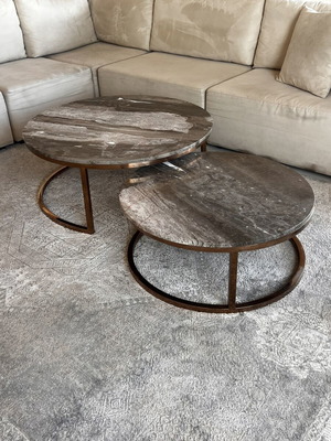 Marble coffee table set with rose gold steel base