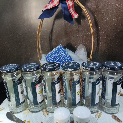 St. Dalfour empty jam jars gift basket with vintage butter knife and porcelain salt and pepper set