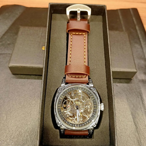 Mechanical automatic waterproof watch new, brown leather strap