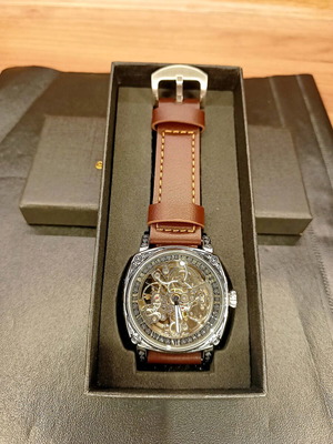 Mechanical automatic waterproof watch new, brown leather strap