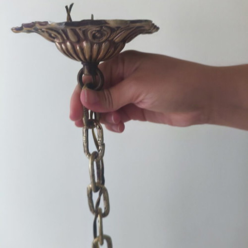 Vintage hanging ceiling lights, set of 2, brass and opaline